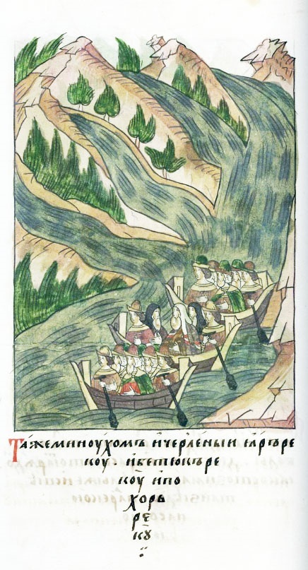 Лицевой летописный свод. Митрополит Пимен со спутниками пересекает Дон на пути в Царьград: «Также минули и реку Черленый Яр, и Бетюк реку, и Похорь реку»