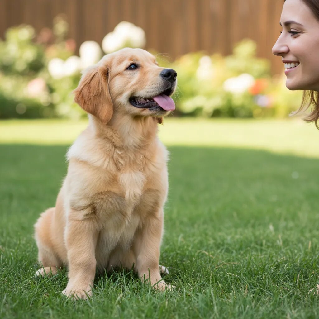 
 Щенок золотистого ретривера сидит на траве и смотрит на хозяина