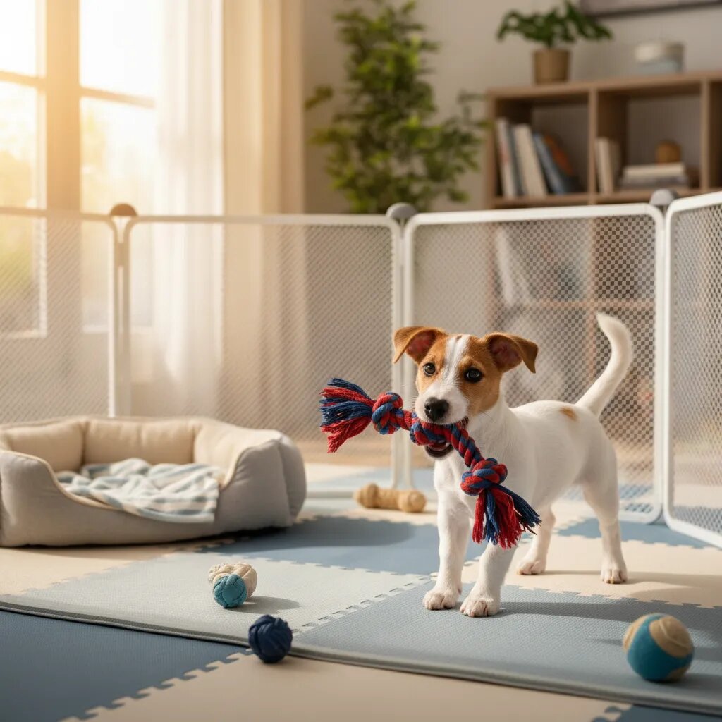 
 Щенок джек-рассел-терьера играет с игрушкой в вольере