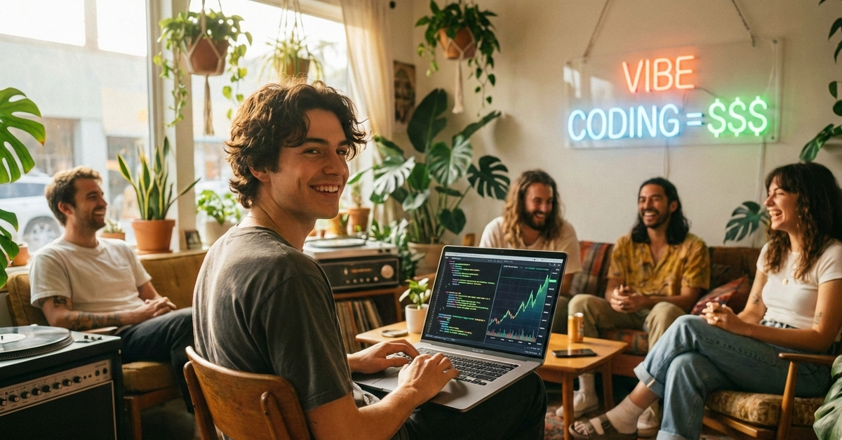 Эту картинку сгенерировала нейросеть по запросу "Сгенерируй изоюражение на тему "заработок на вайб-кодинге""