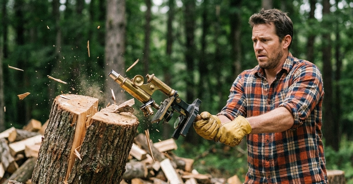 "Создай мне изображение где мужик колит дрова микроскопом" - я попросил и получил вот это. Получил через 10 секунд. В фотошопе я бы рисовал это не меньше 3-х часов.