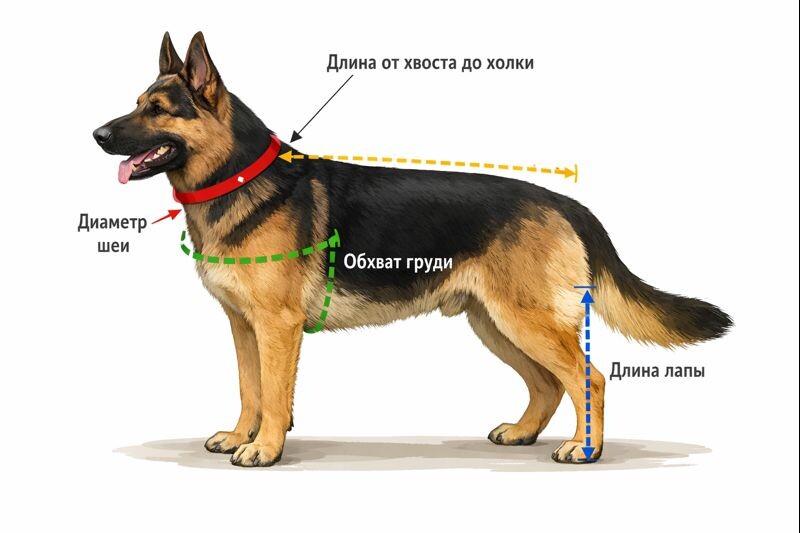 Для этого питомца измеряем по длине от хвоста до холки; диаметр шеи (где у него ошейник); обхват груди (у собак он за передними лапами), длина лап.