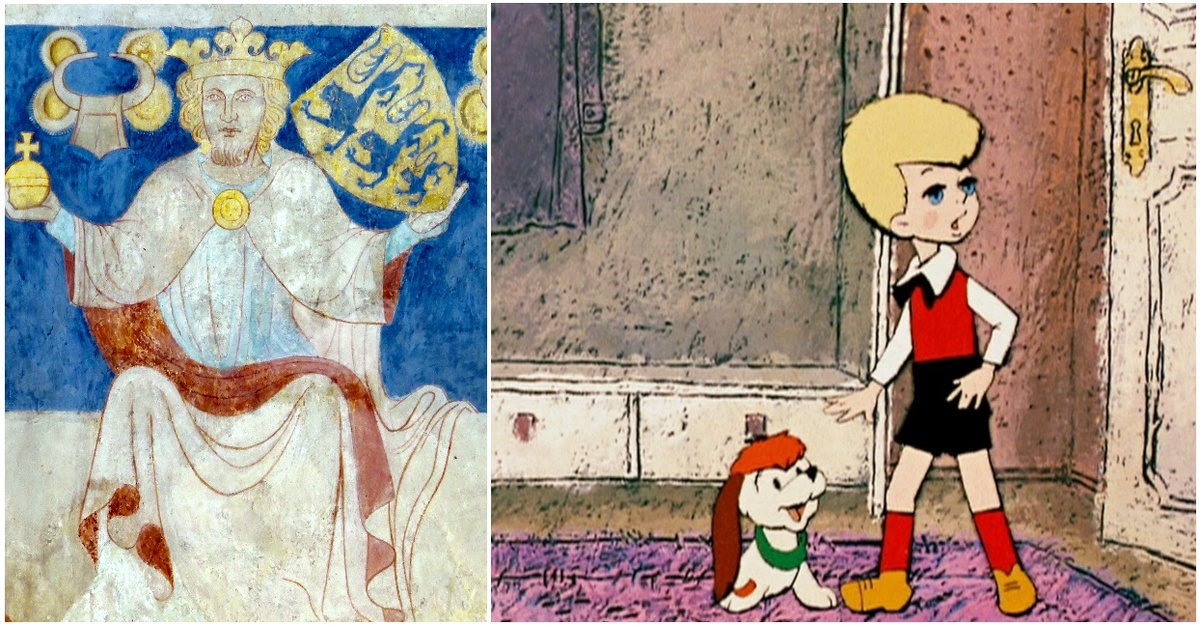 Слева: Вальдемар II Победоносный, король Дании (1202—1241), справа: "Малыш" Сванте Свантесон из повести "Карлсон, который живёт на крыше". 