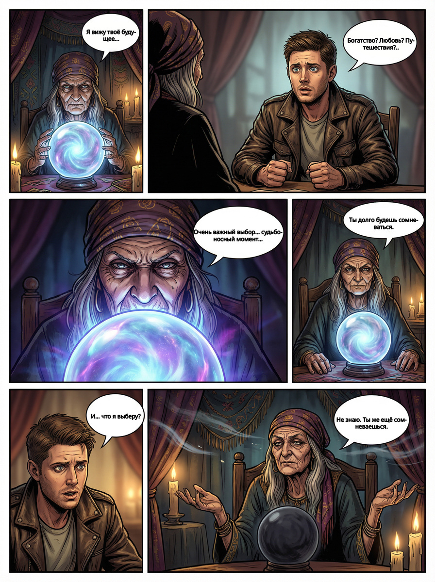 Таинственная гадалка обещает приоткрыть будущее, но вместо ответов оставляет сомнения. Богатство, любовь, путешествия — всё возможно, но лишь один путь станет реальностью. Этот мини-комикс — атмосферная история о страхе выбора и о том, как иногда неизвестность пугает сильнее, чем любой предсказанный исход.