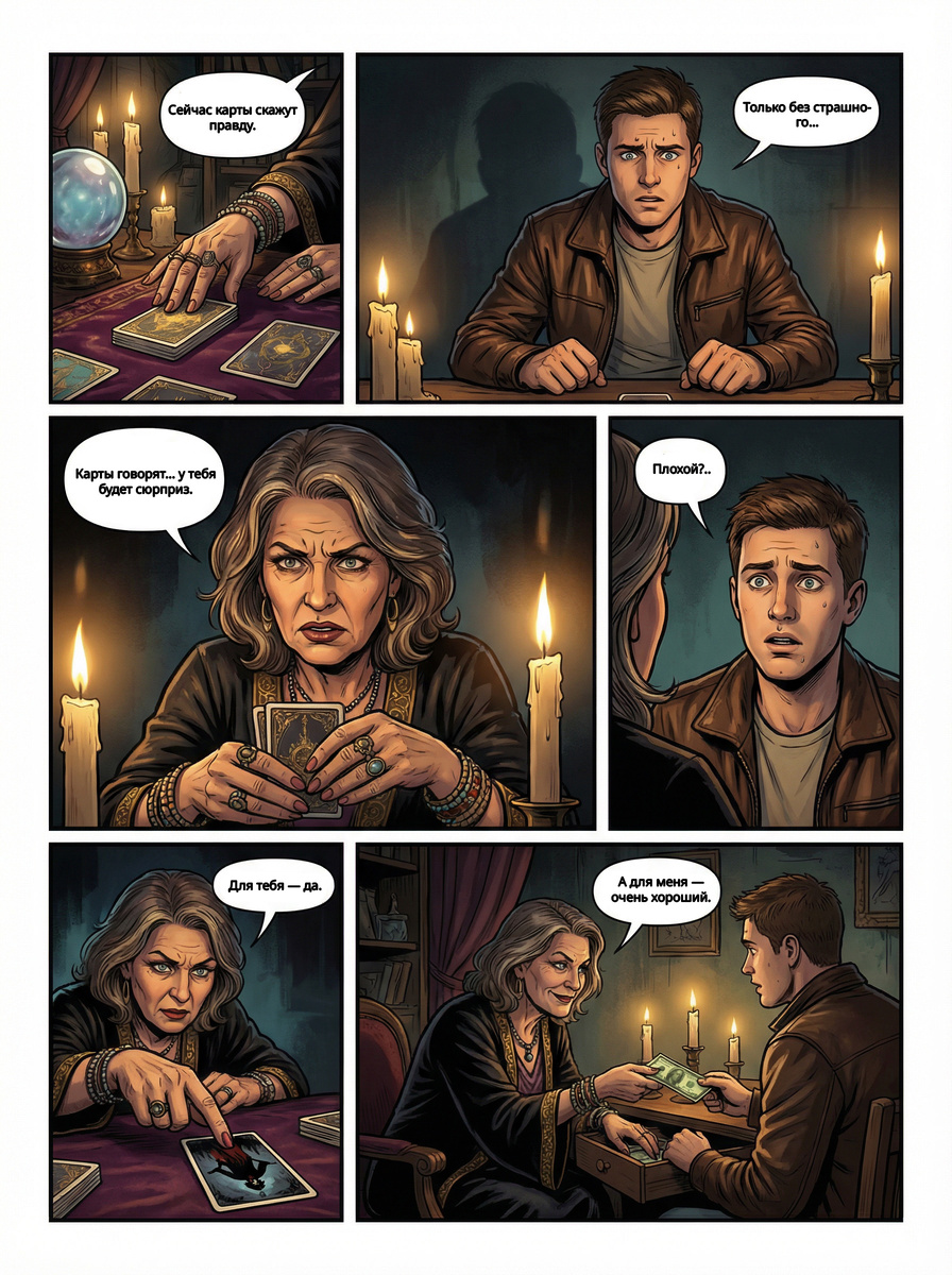 Он пришёл узнать правду о своём будущем — и получил её. Карты обещают сюрприз, но для кого он окажется удачным? Атмосферный мини-комикс с мрачной иронией о том, как страх, надежда и деньги меняют смысл любых предсказаний. Читается на одном дыхании — а послевкусие остаётся надолго.