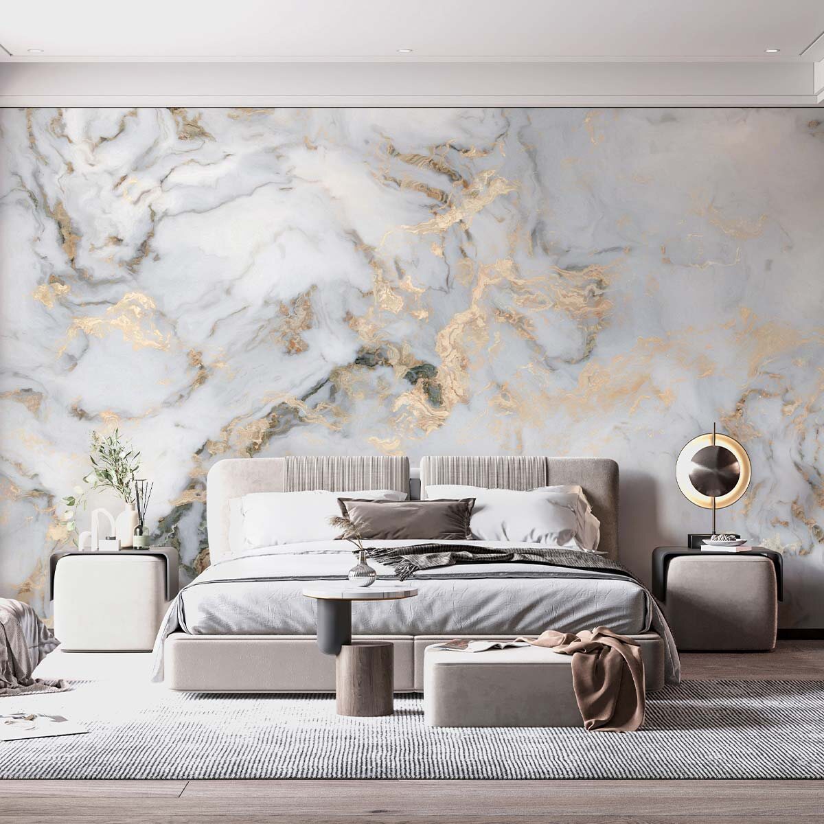 Пример сбалансированного интерьера спальни. Отделка стены - флизелиновые фотообои VEROL. Артикул на WB: 146951665.