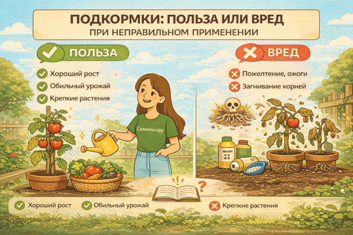 Грамотные подкормки помогают растениям развиваться, а избыточные — вредят. Эксперты Семяныч.ру рекомендуют соблюдать баланс и начинать выращивание с качественных семян