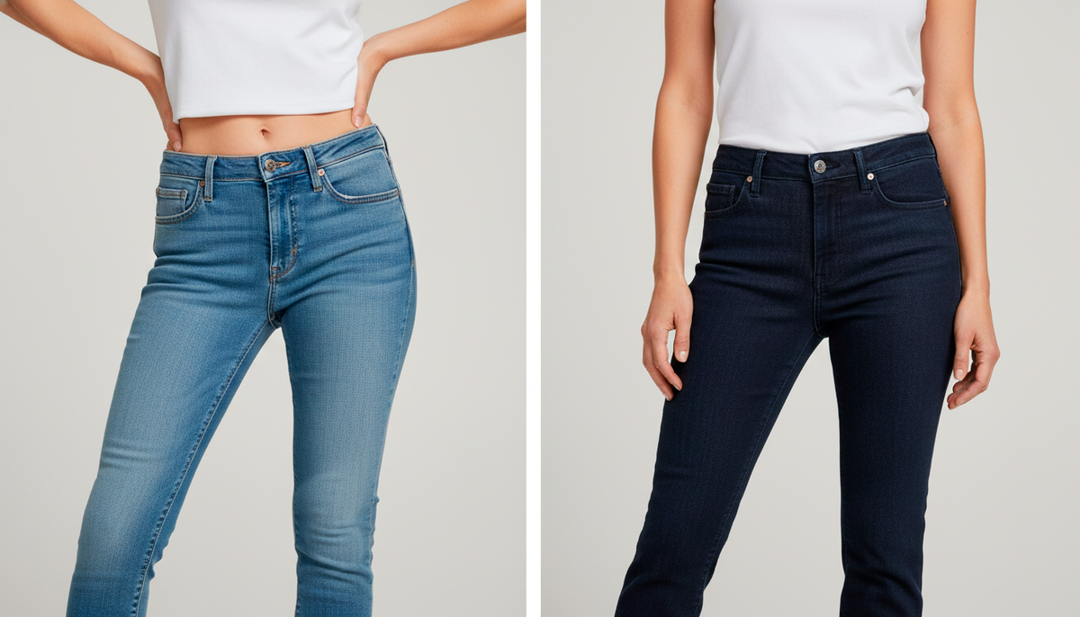 Видите разницу? Слева — узкие джинсы, которые режут талию и подчеркивают все проблемные зоны. Справа — прямые джинсы с высокой посадкой. Они вытягивают ноги, скрывают живот и выглядят современно. Это не мода — это закон физики и стиля.