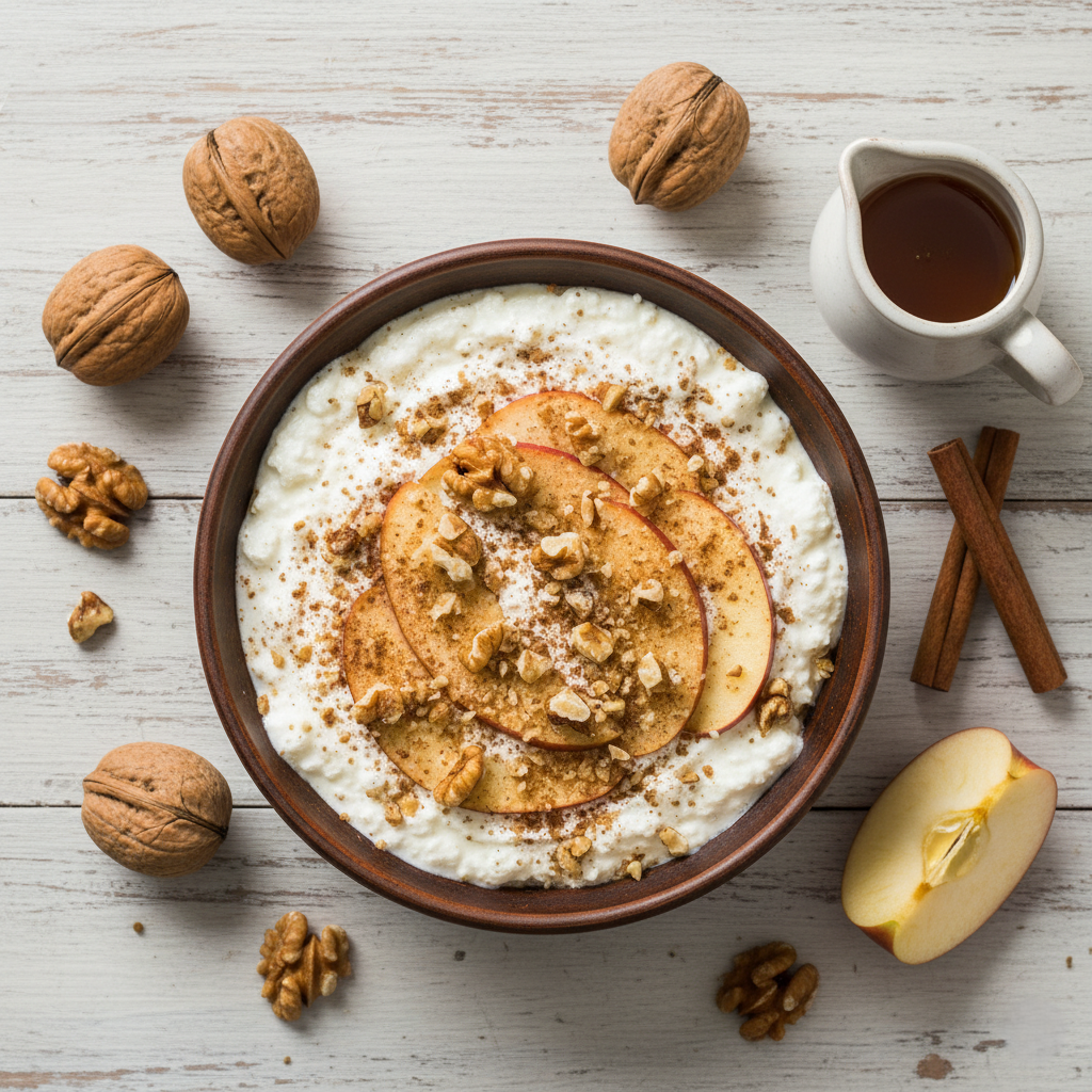 Творожный Завтрак с Карамелизированным Яблоком, Корицей и Орехами
