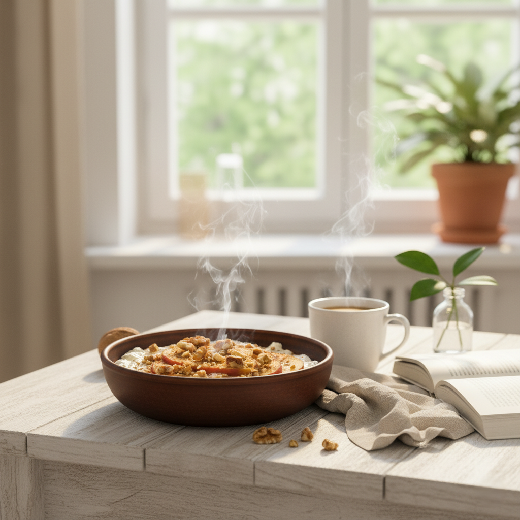 Творожный Завтрак с Карамелизированным Яблоком, Корицей и Орехами