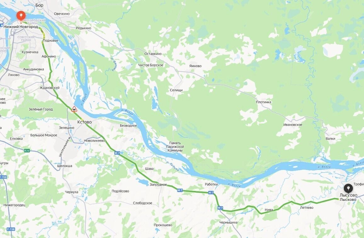    Расстояние от Нижнего Новгорода до Лыскова — 88 км   «Яндекс. Карты»