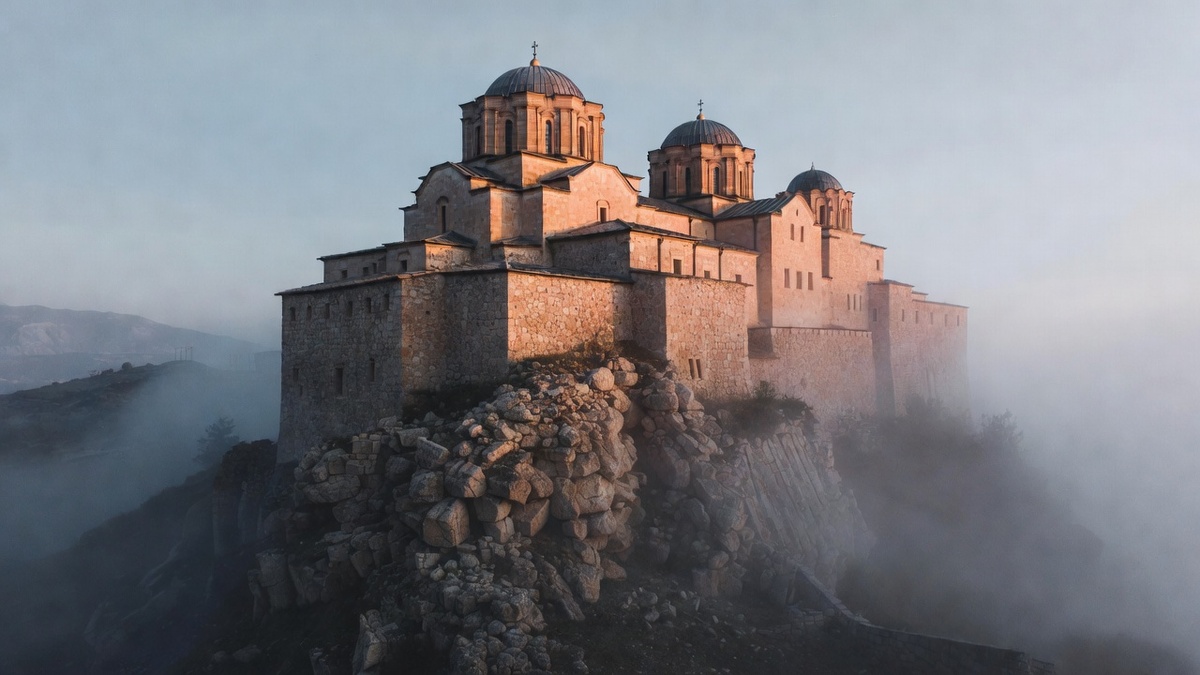 Снимок древнего монастыря на рассвете
