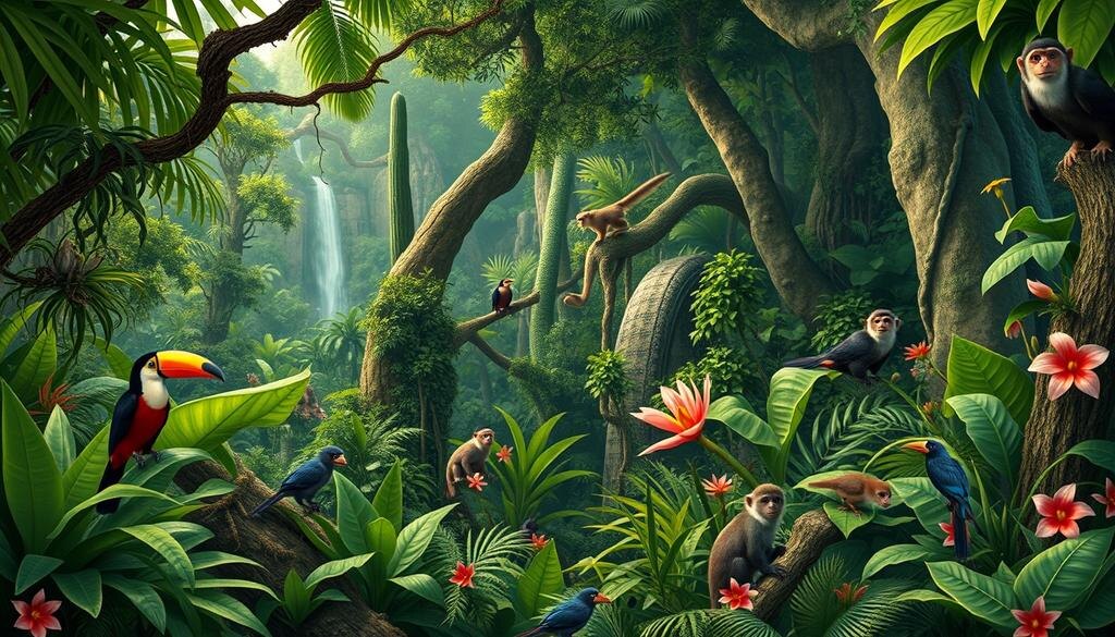    Сцена экосистемы майя в джунглях