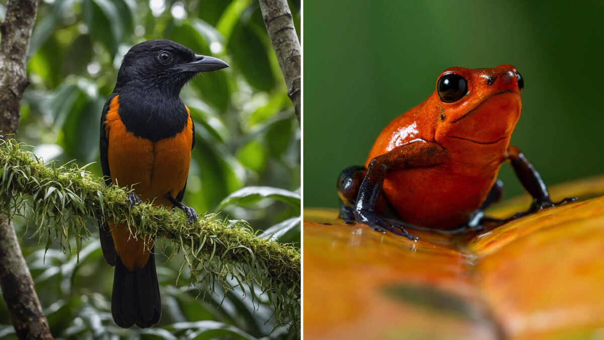     Фото: Alfredo Maiquez,Hajigrapher/Shutterstock/FOTODOM Гипотетическая охота на динозавров таила риски, что подтверждают примеры современных ядовитых птиц питоху из Новой Гвинеи (слева) или ядовитых лягушек-древолазов (справа)
