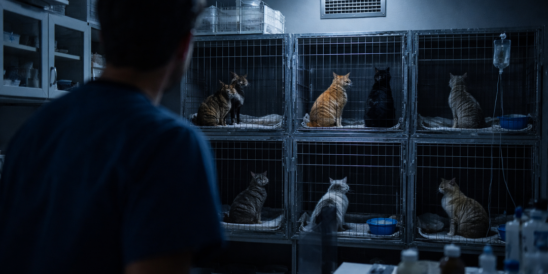 Я ночевал в клинике один. В два ночи все кошки одновременно посмотрели в одну точку. Туда же потом приехала полиция