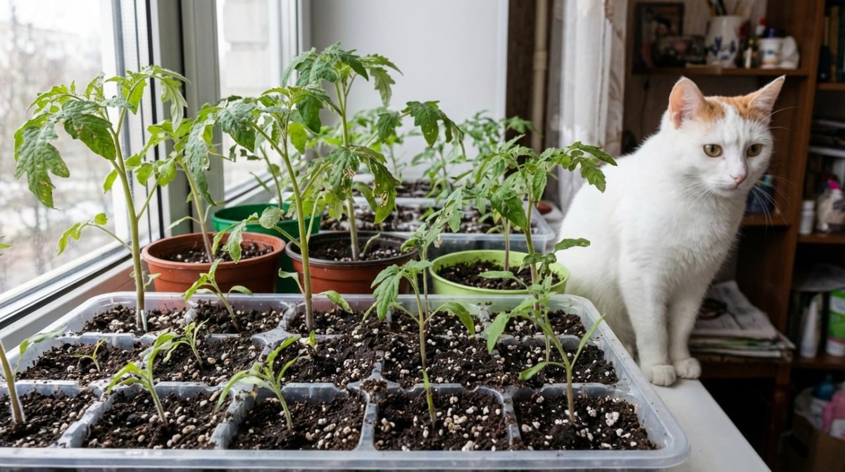 Моя кошка Муся с рассадой в 2024 году