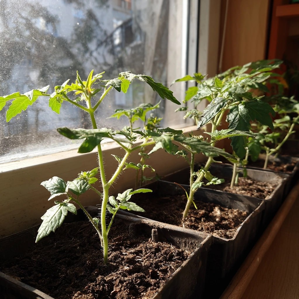 Молодые томаты греются на весеннем солнце