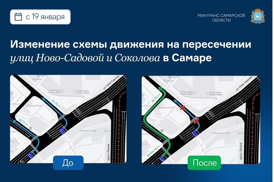    Поворот налево с Ново-Садовой на улицу Соколова будет запрещен с 19 января фото: Минтранс Самарской области