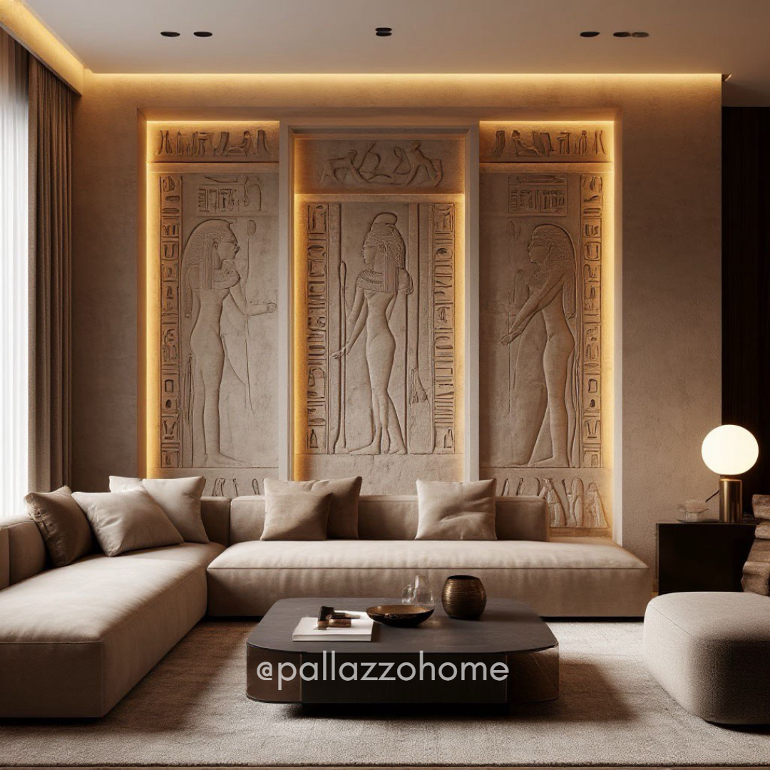 Барельефная стена в интерьере в египетском стиле. Декоративный барельеф с фигурами и рельефной резьбой, выполненный в светлых тонах с архитектурной подсветкой.