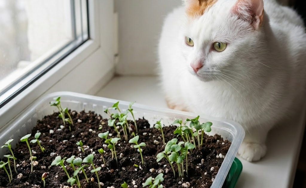 Моя кошка Муся с микрозеленью редиса