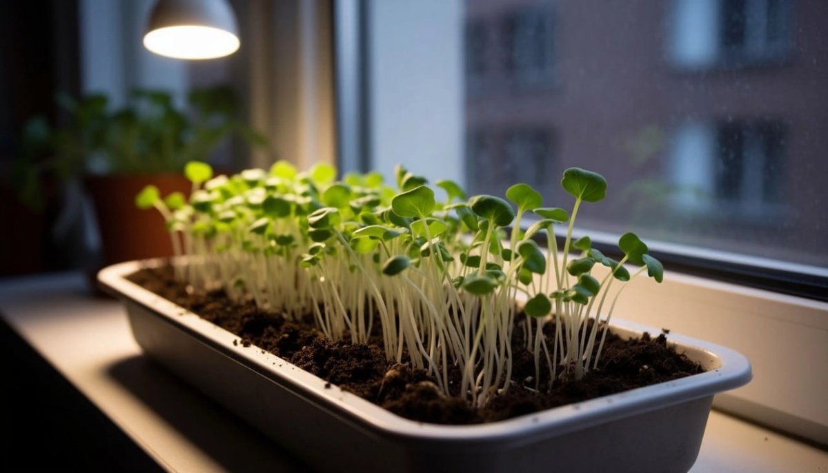 Микрозелень редиса греется под лампой