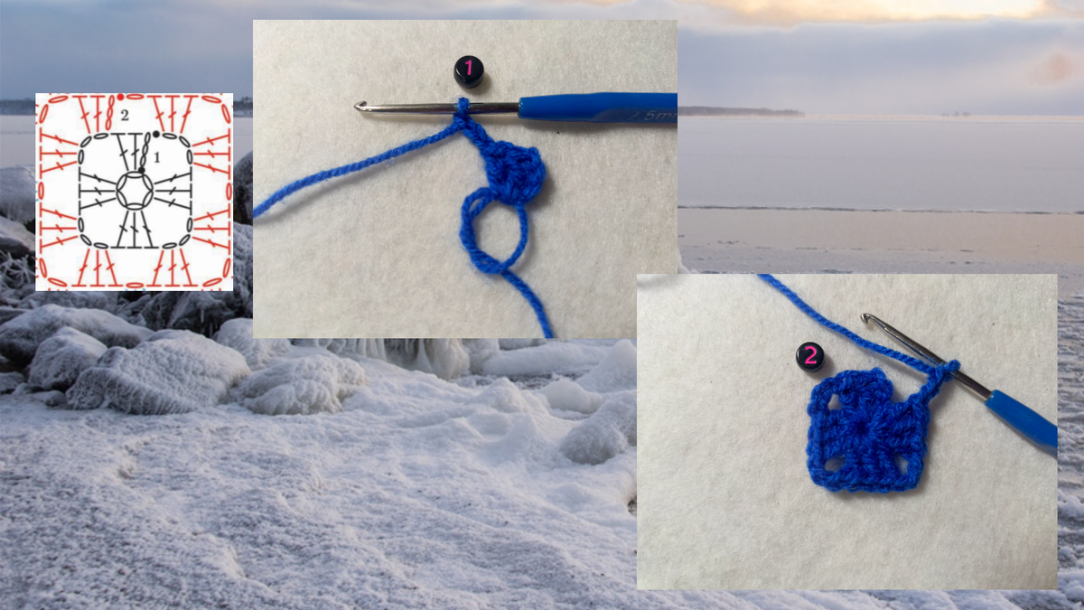 В петлю амигуруми провязываю 3 воздушные и рядом 2 столбика с накидом. 3 воздушные. Вяжу классическую серединку бабушкиного квадрата.