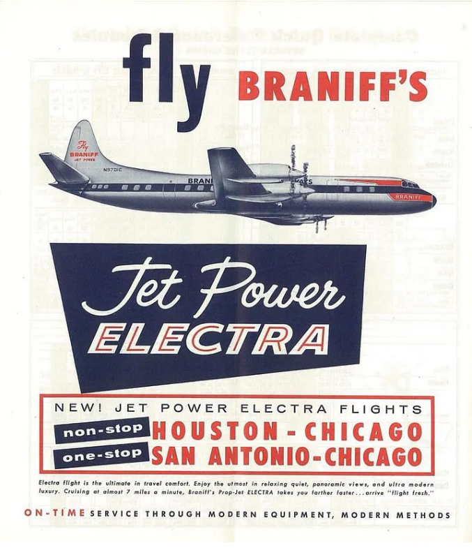 Плакат, предположительно 1959 или 1960 года, рекламирует парк самолётов Lockheed Electra компании Braniff. (Braniff)