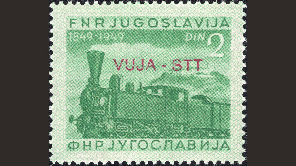 1. Триест Зона В, 1950 год, № 31. Паровоз 1849 г. 100 лет железной дороге на территории Югославии.