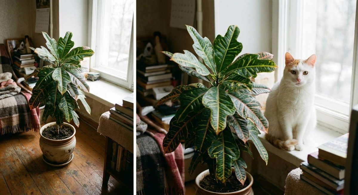 Муся прибежала посмотреть на пёстрый Кодиеум