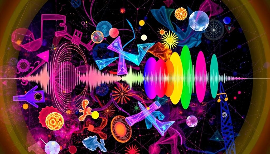    Изображение, иллюстрирующее феноемн синестезии, где звук преобразуется в цвет и формы, показывающие взаимодействие различных сенсорных восприятий.