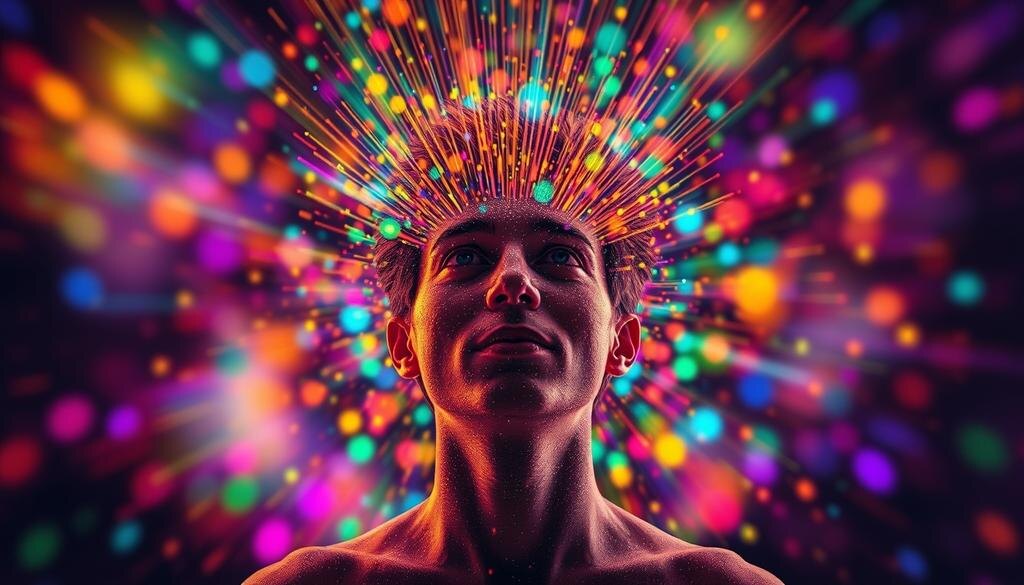    Человек, испытывающий синестезию, окружённый цветными вспышками, когда звук достигает его ушей, демонстрирующий взаимосвязь звукового и визуального восприятия.