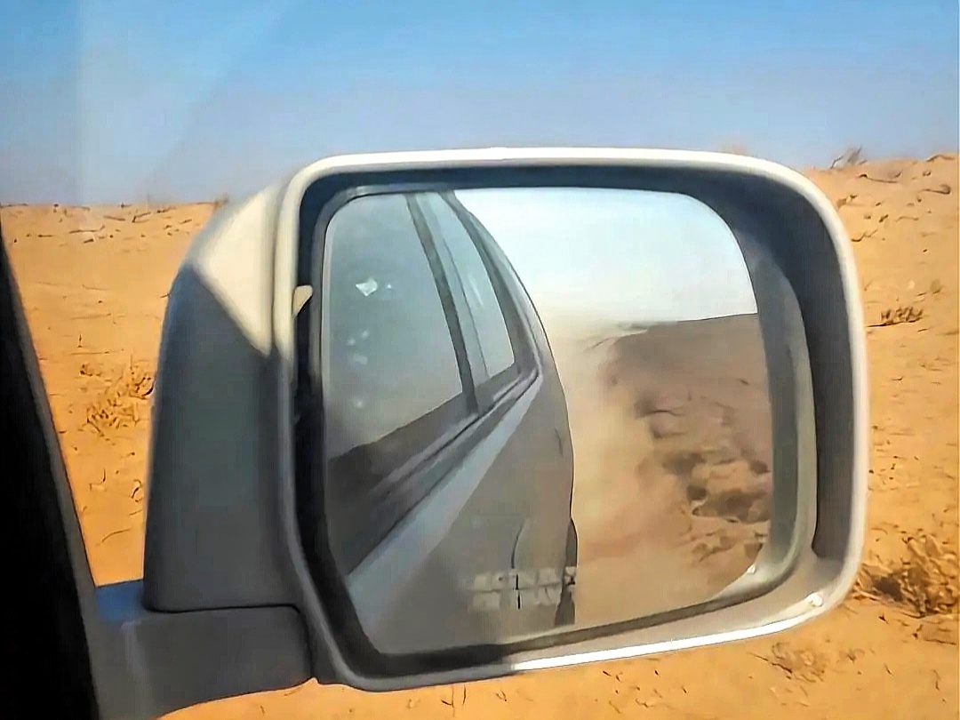 Красивый кадр движения по грунтовой дороге. В зеркале видно убегающий путь.