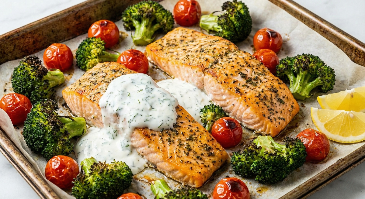 Запечённый лосось с брокколи и черри