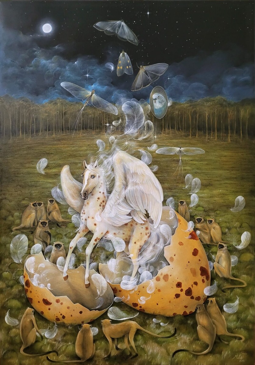 © Аделаида Кот (Adelajda Kot). Аделаида Кот (Adelajda Kot). Рождение Пегаса. Холст, масло. 100 х 70 см. 2025.