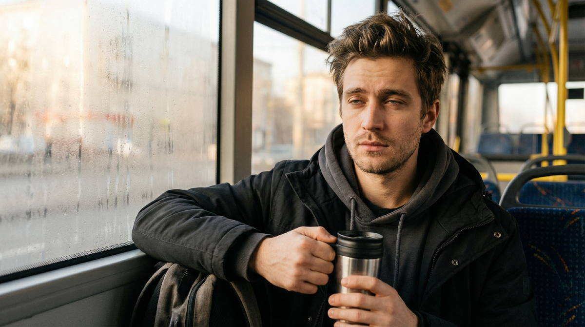 Сонный человек с кофе в транспорте или на кухне, утренний свет, выражение «я держусь»