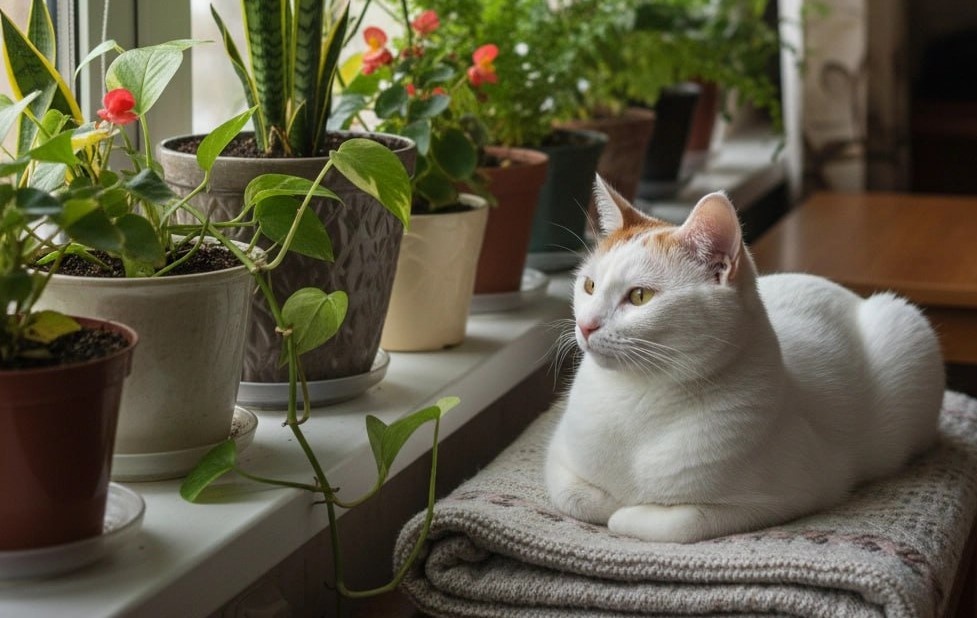 Муся с домашними растениями