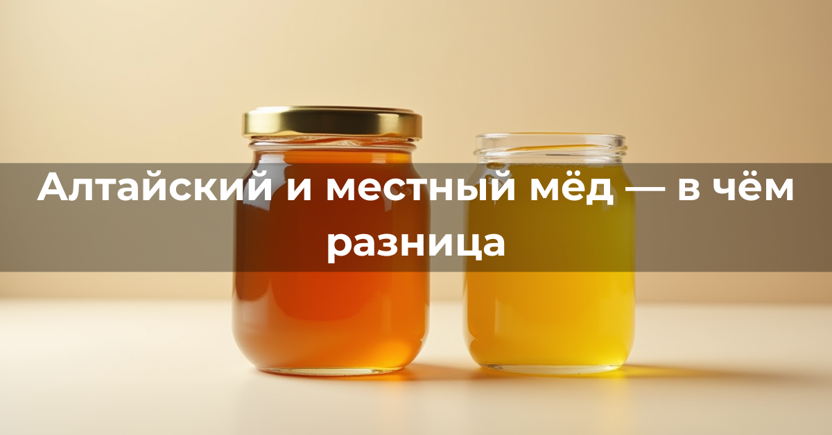 Две стеклянные банки с тёмным алтайским мёдом и светлым мёдом из центральных регионов на нейтральном фоне