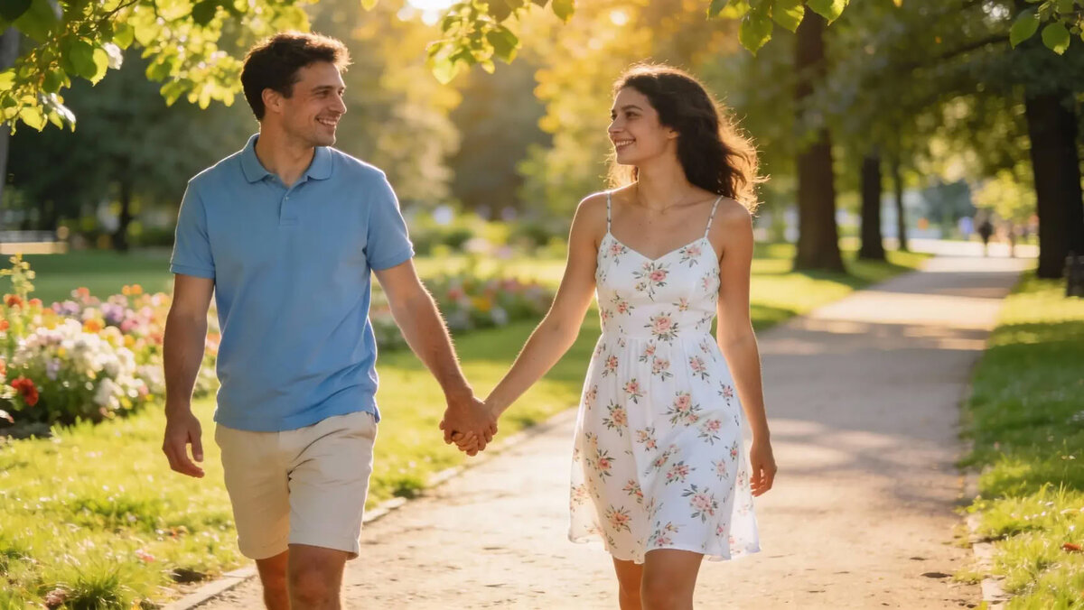 Влюбленные гуляют по парку 