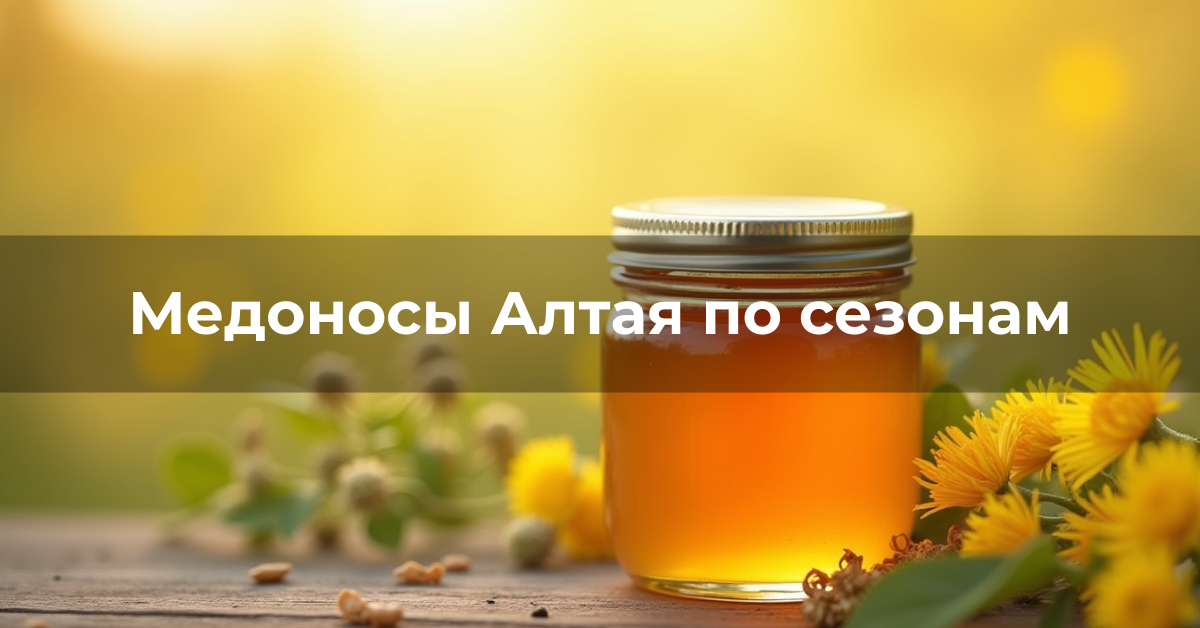 Банка натурального алтайского мёда на фоне луговых медоносных растений Алтая