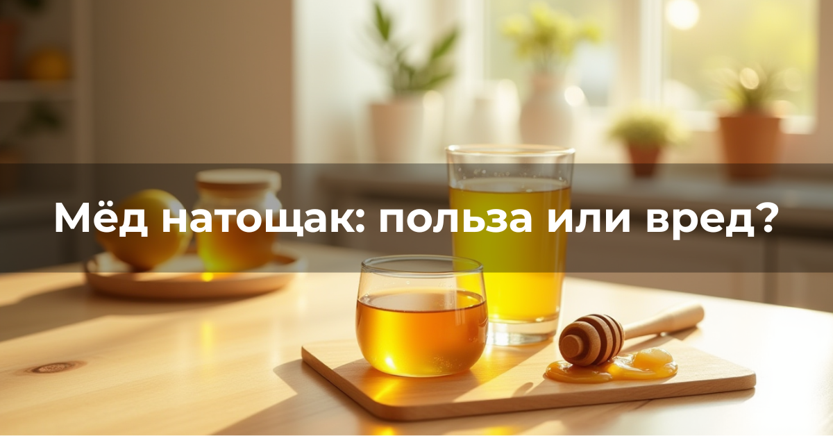 Стакан тёплой воды с мёдом и банка натурального мёда на кухонном столе при утреннем свете