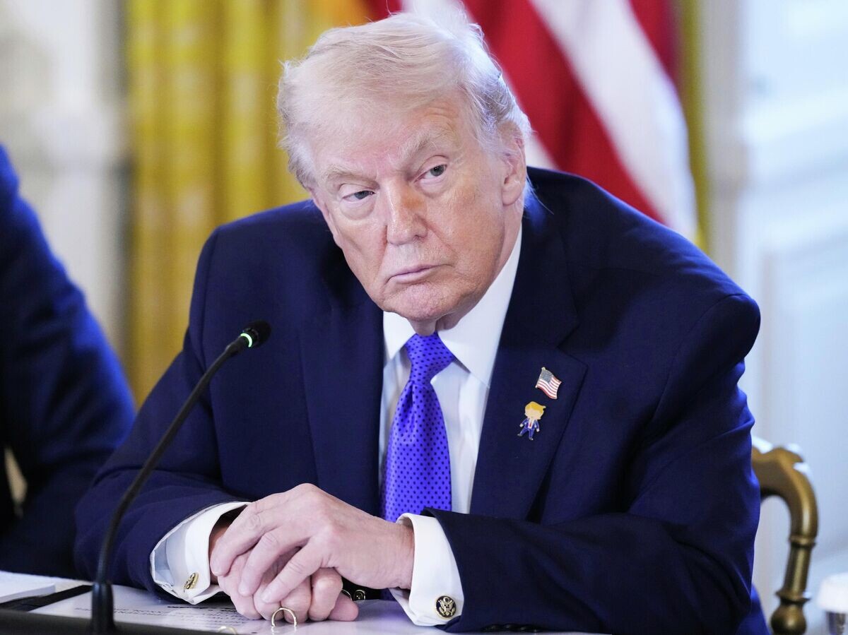    Президент США Дональд Трамп демонстрирует значок с самим собой во время встречи с руководителями нефтяной промышленности в Белом доме | © AP Photo / Alex Brandon