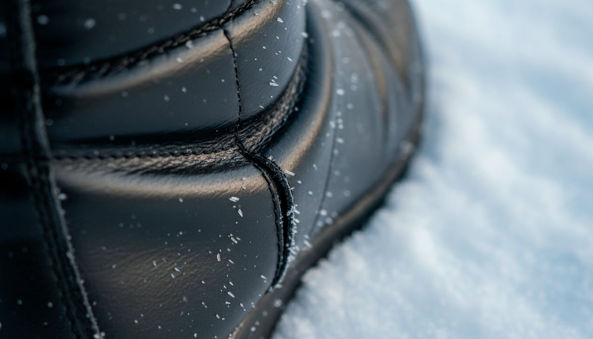 Посмотрите на этот неестественный, "ломаный" сгиб. Так ведет себя только синтетика. Натуральная кожа на морозе сохраняет эластичность, создавая мягкие складки. А "экокожа" низкого качества моментально кристаллизуется и становится колом. В таком "панцире" нога перестает двигаться свободно, кровообращение замедляется, и вы начинаете замерзать, даже если внутри толстый слой меха.