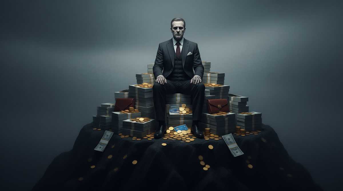 Человек сидит на вершине горы из денег, золотых монет, которые он получил от выиграша лотерейного билета.