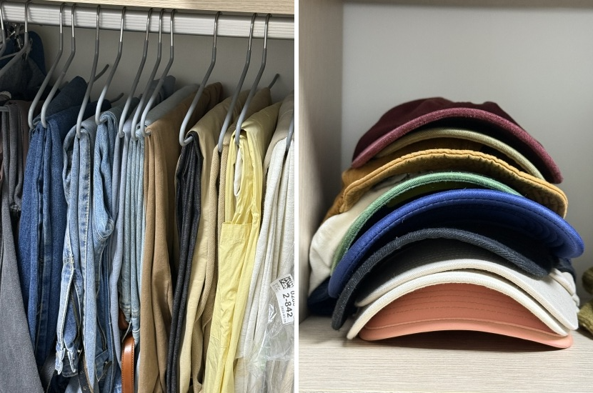 Одежда и головные уборы аккуратно рассортированы благодаря услугам химчистки, которыми Чон пользуется время от времени. Она говорит, что помощь специалистов дает ей время по-настоящему отдохнуть и посвятить это время чему-то другому (Чон)