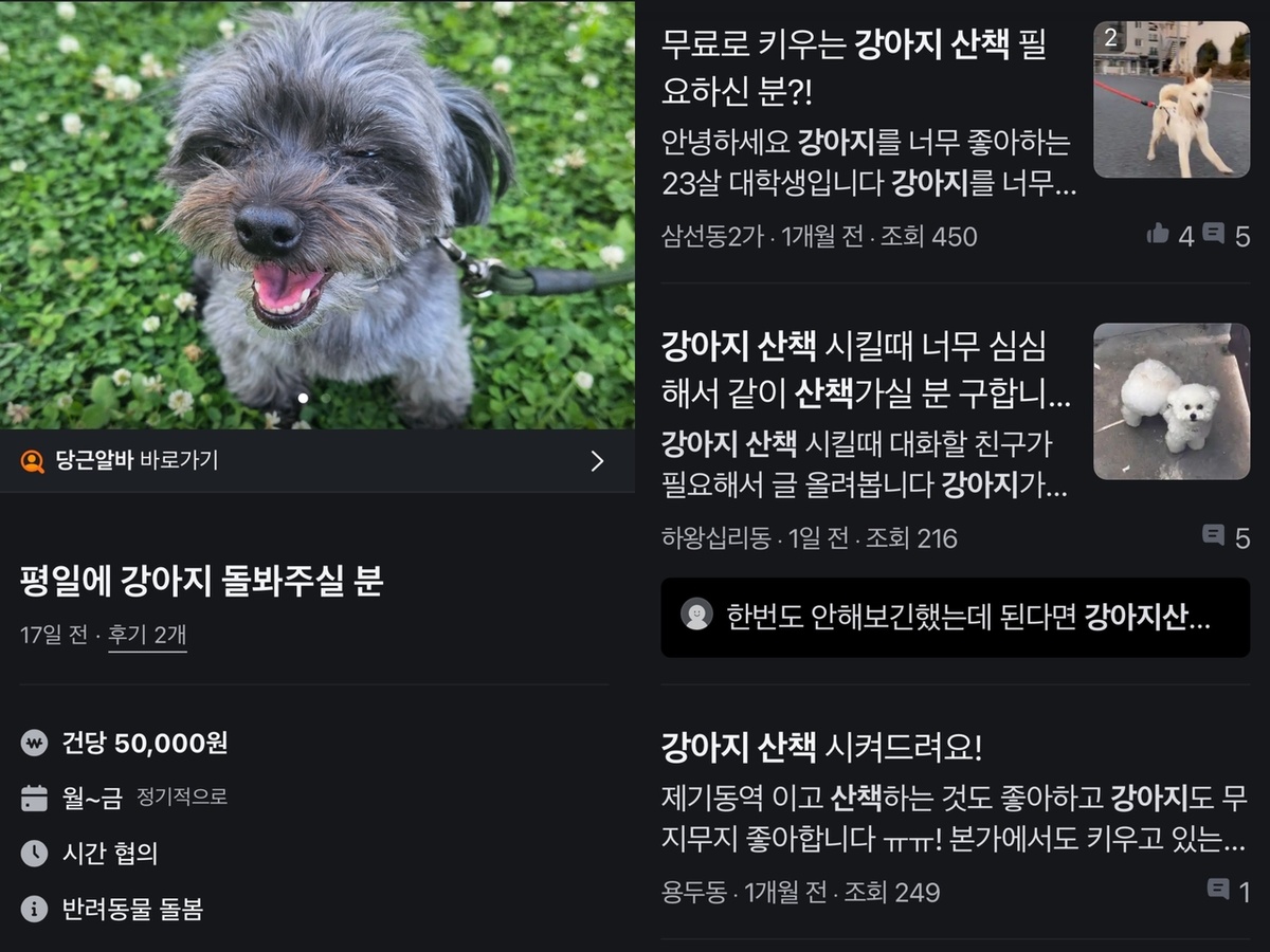 Объявления о поиске человека для ухода за собаками или выгула собак пользователей заполонили Karrot - популярное приложение, которое обычно используется для покупки и продажи подержанных вещей на местном уровне. (Скриншот из Karrot)