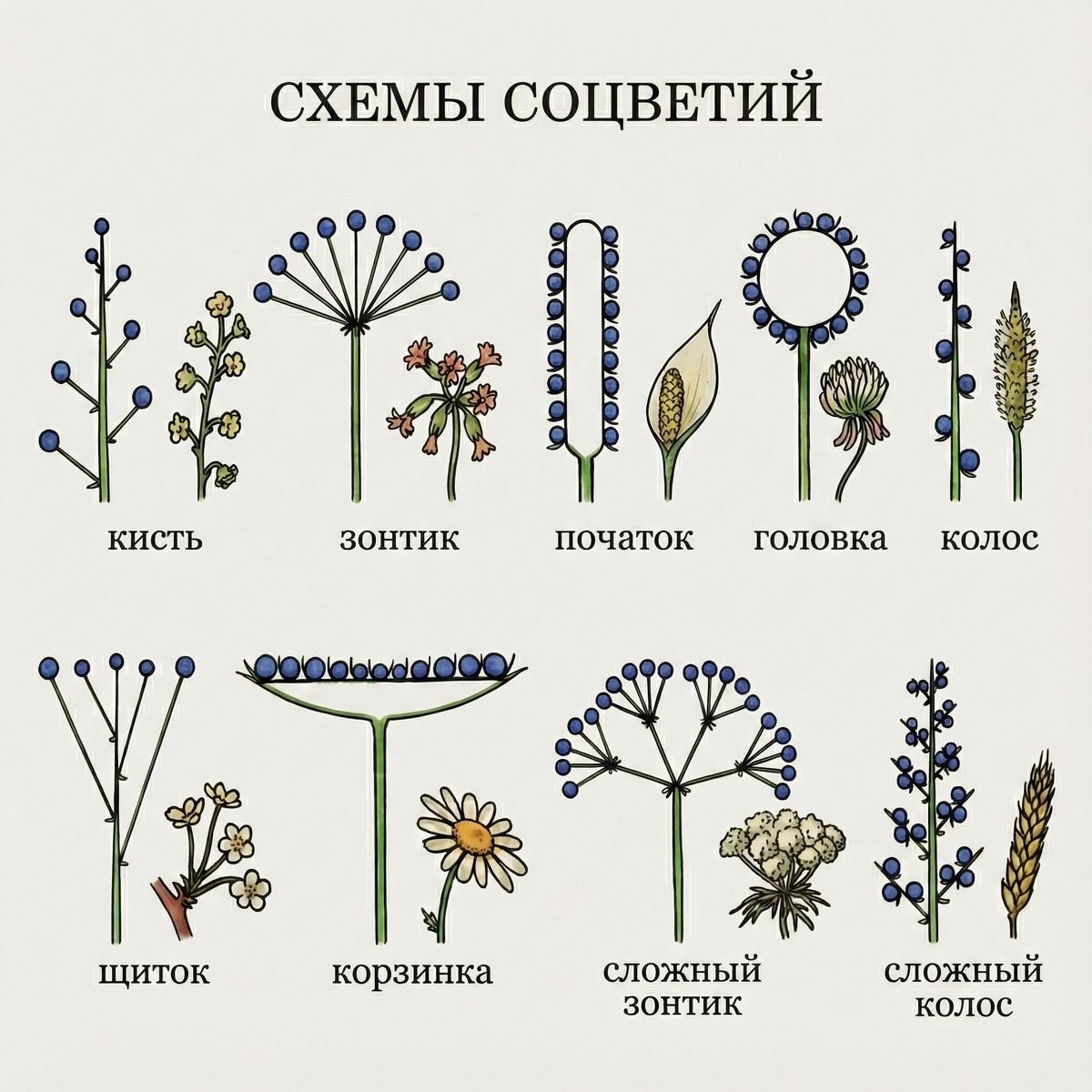 Разнообразные схемы типов соцветий. На самом деле их больше, это лишь часть.