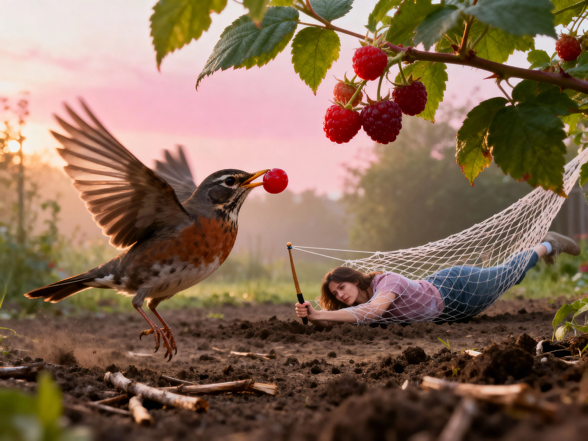 Настоящая война идёт не за политику, а за спелую клубнику на рассвете. 🍓⚔️ И пока мы спим, наши пернатые соседи выписывают себе самую сладкую «прописку» на грядке.