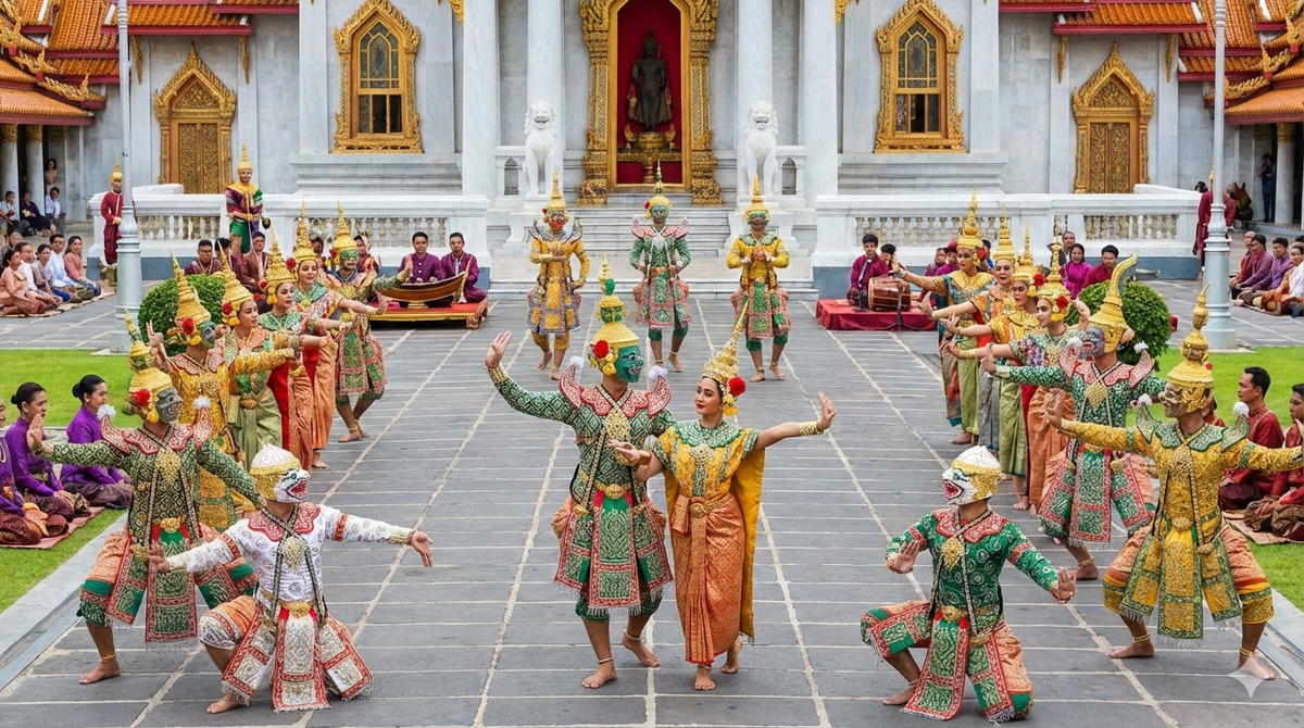 Придворный танец-драма «кхон». Изображение сгенерировано нейросетью Gemini.