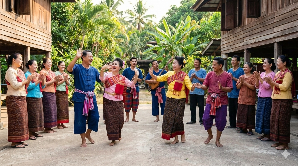 Народный танец («пхлен тхай», или «рабам пхлен мыанг»). Изображение сгенерировано нейросетью Gemini.