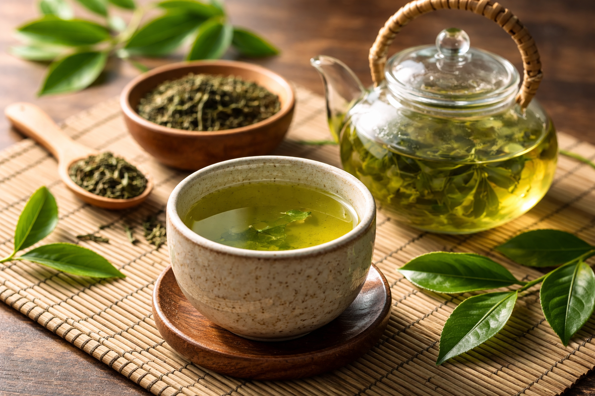 Зеленый чай заваренный в чайнике